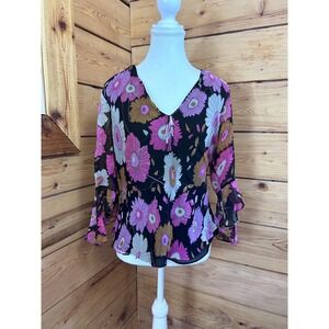 Silkland Silk Women Floral Sheer V-Neck Blouse Boho Chic Ruffle Bell Sleeve Top